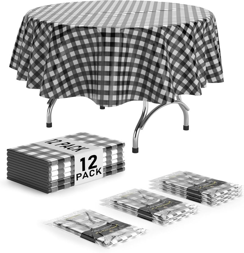 Exquisite 12 Pack Premium Round Plastic Checkered BBQ Tablecloth - Gingham Checkerboard Disposable Plastic Tablecloth 84 inch. Round (Black) - Image 1