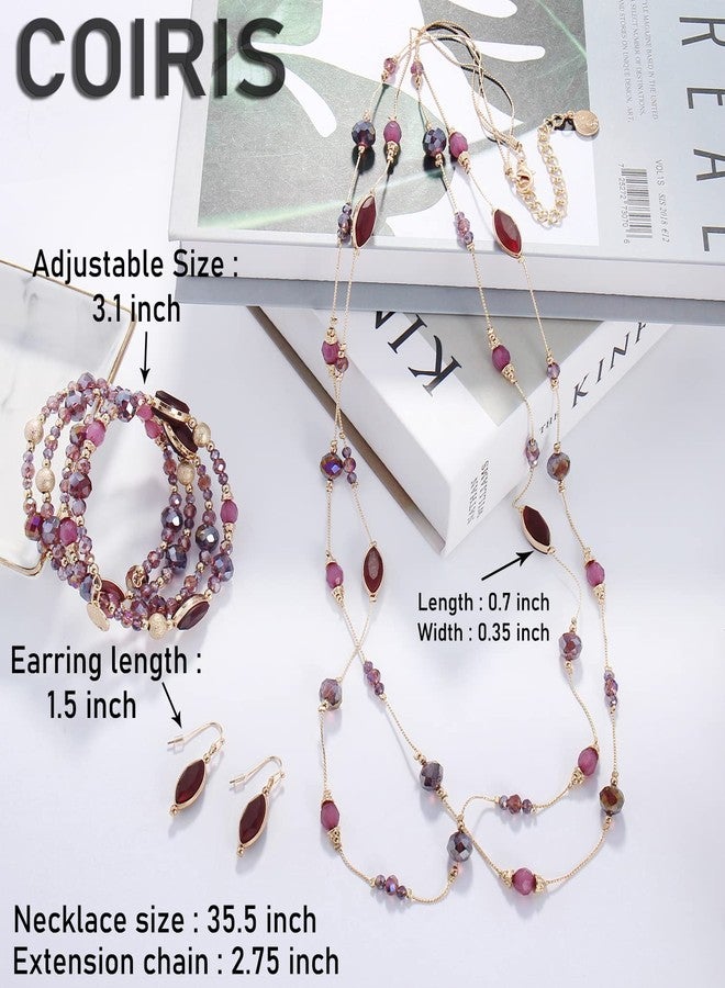 Coiris Earring and Necklace Set for Women 2 Layer Beaded Long Collar Statement Strand Necklace Fashion Trendy Dangle Earrings Boho Jewelry Sets for Women (ST0011-Purple) - Image 5