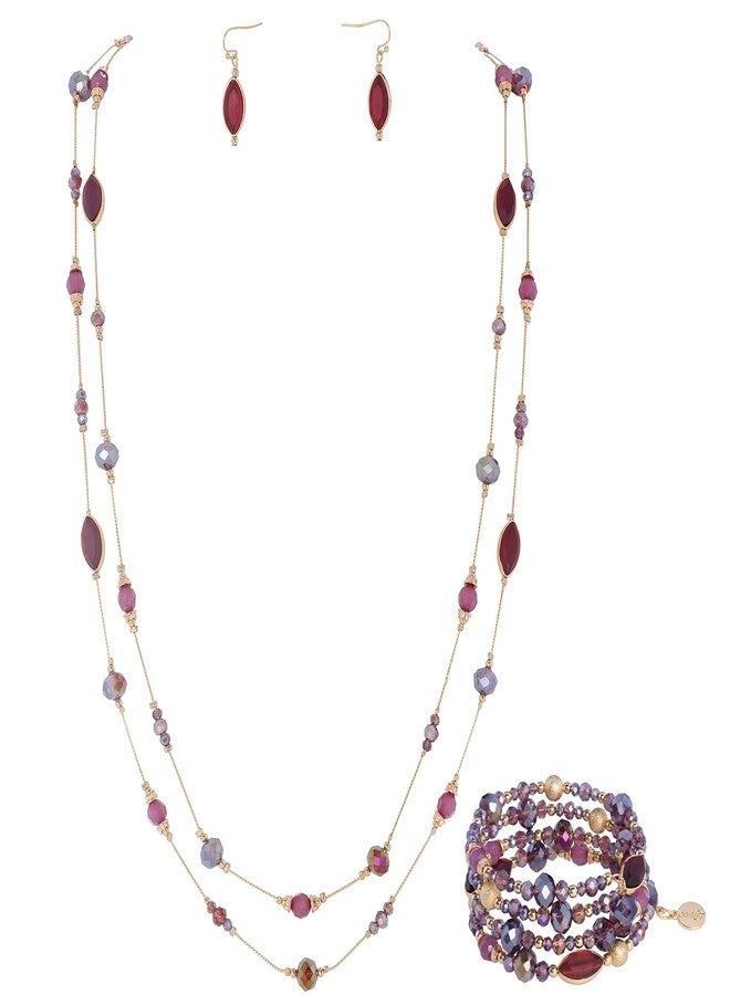 Coiris Earring and Necklace Set for Women 2 Layer Beaded Long Collar Statement Strand Necklace Fashion Trendy Dangle Earrings Boho Jewelry Sets for Women (ST0011-Purple) - Image 1