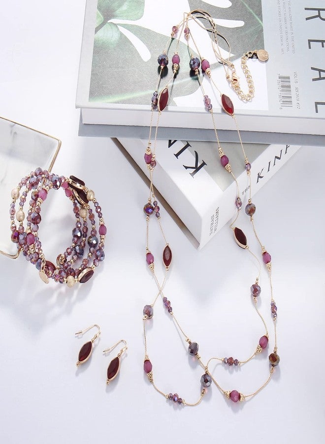 Coiris Earring and Necklace Set for Women 2 Layer Beaded Long Collar Statement Strand Necklace Fashion Trendy Dangle Earrings Boho Jewelry Sets for Women (ST0011-Purple) - Image 2