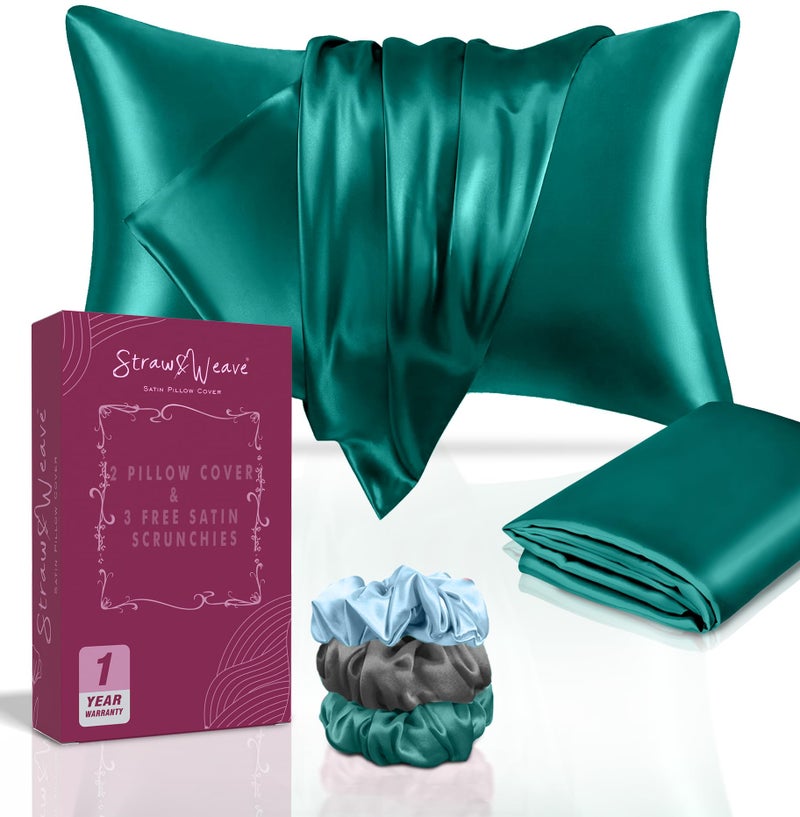 STRAW&WEAVE Satin Pillow Covers for Hair | Christmas Gift & New Year Gifting Employee Gifting | 3 Satin Scrunchies for Women | Silk Pillow Case Pack of 2 | 3 Satin Scrunchies for Women Hair | 1 Year Warranty - Image 3