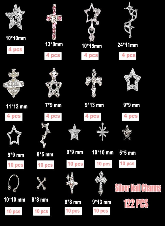 KACHIMOO Silver Nail Charms 122pcs Cross Nail Art Charms Star Nail Gems Silver Rhinestones for Nails 3D Cross Dangle Star Pink Nail Charm Y2K Accessories Nail Decor (17 Styles) - Image 2