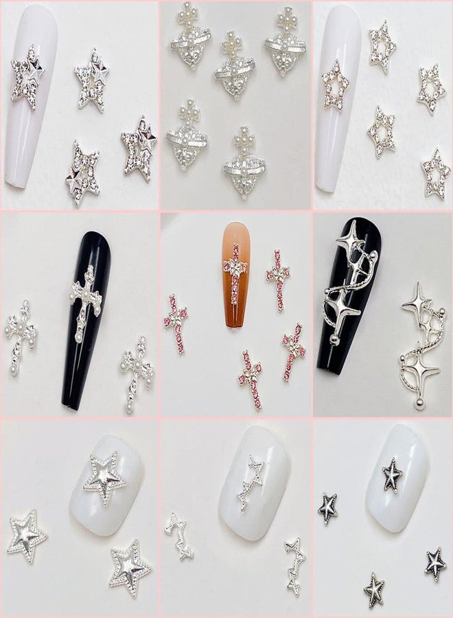 KACHIMOO Silver Nail Charms 122pcs Cross Nail Art Charms Star Nail Gems Silver Rhinestones for Nails 3D Cross Dangle Star Pink Nail Charm Y2K Accessories Nail Decor (17 Styles) - Image 3