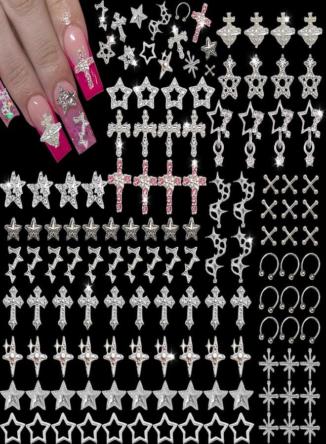 KACHIMOO Silver Nail Charms 122pcs Cross Nail Art Charms Star Nail Gems Silver Rhinestones for Nails 3D Cross Dangle Star Pink Nail Charm Y2K Accessories Nail Decor (17 Styles) - Image 1