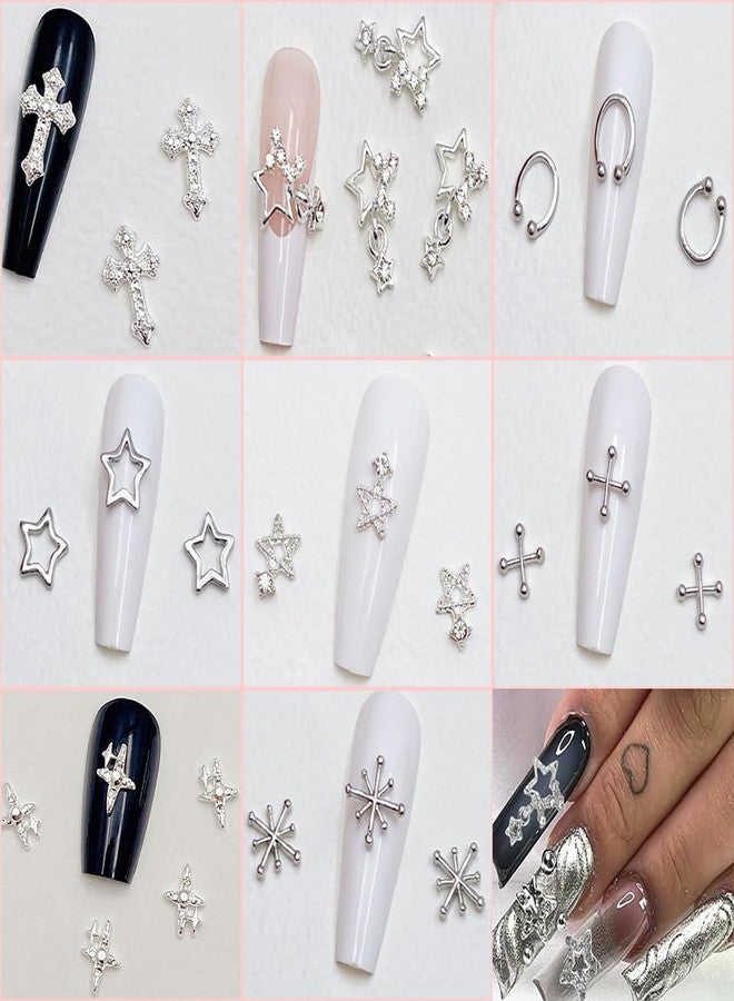 KACHIMOO Silver Nail Charms 122pcs Cross Nail Art Charms Star Nail Gems Silver Rhinestones for Nails 3D Cross Dangle Star Pink Nail Charm Y2K Accessories Nail Decor (17 Styles) - Image 4