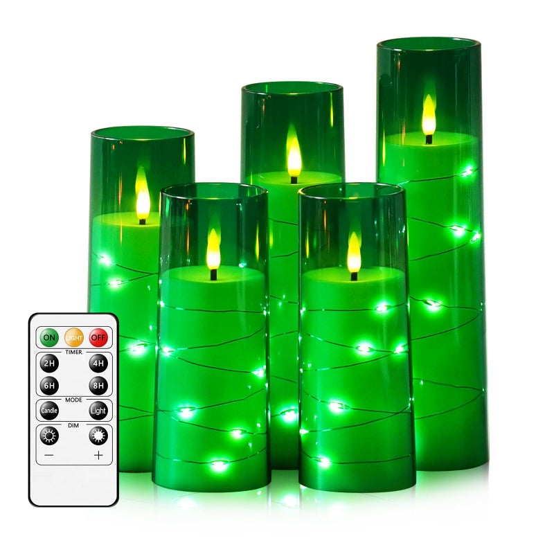 kakoya Flameless LED Candles with Timer 5 Pc Flickering Flameless Candles for Romantic Ambiance and Home Decoration Stable Acrylic Shellwith Embedded Star StringBattery Operated CandlesGreen - Image 2