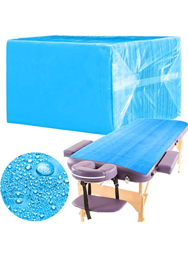 Breling 100 Pcs 315 x 71 Inch Disposable Bed Sheets Oilproof PE Film Massage Table Sheets Nonwoven Fabric Spa Waterproof Bed Cover Breathable for Beauty Salon Hotels Tattoo WaxingBlue - Image 1