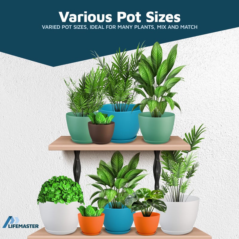 LifeMaster Multicolor Plant Pots with Drainage Holes & Saucers 20 Pack, Indoor & Outdoor Stackable Space-Saving Planters for Houseplants & Flowers, (7", 6.7", 6", 5.3", and 4.8" Inches), Durable & Weatherproof - Image 4