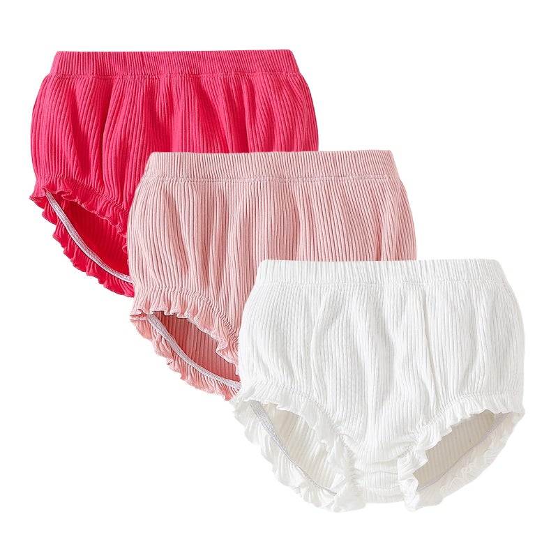 SOBOWO 3-Pack Bloomers for Baby Girls Diaper Covers Ribbed Ruffle Solid Triangle Baby Girl Shorts Summer Toddler Underwear(Rose/Pink/White, 6-9 Months) - Image 1