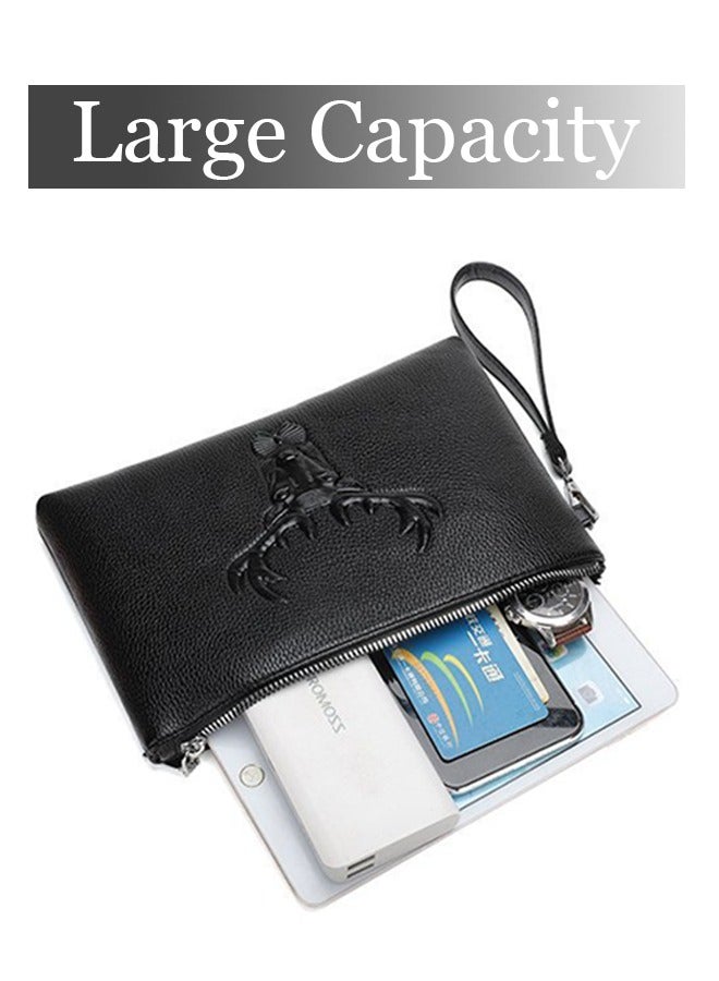 roaiss Men's Leather Clutch Bag Pattern Embossed Printing Portable Handbag Super Slim Anti-Theft Minimalist Textured Large Wallet Card Case Gift for Men Multi Compartment Zipper Soft and Lightweight Commuter Bag Black - Image 2