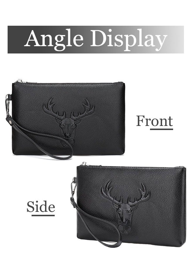 roaiss Men's Leather Clutch Bag Pattern Embossed Printing Portable Handbag Super Slim Anti-Theft Minimalist Textured Large Wallet Card Case Gift for Men Multi Compartment Zipper Soft and Lightweight Commuter Bag Black - Image 5
