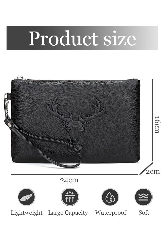 roaiss Men's Leather Clutch Bag Pattern Embossed Printing Portable Handbag Super Slim Anti-Theft Minimalist Textured Large Wallet Card Case Gift for Men Multi Compartment Zipper Soft and Lightweight Commuter Bag Black - Image 3