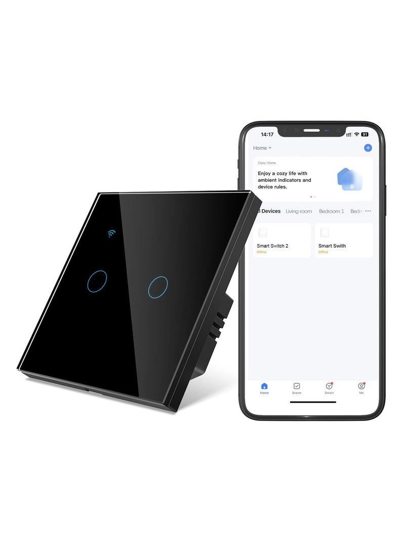 SYOSI Smart Wall Light Switch WiFi Smart Light Switch 2 Gang 1 Way work with Alexa or Google Assistant Glass Panel LED Backlight Waterproof Multi Way Control by Tuya Smart Life App Neutral Wire Need  - Image 1