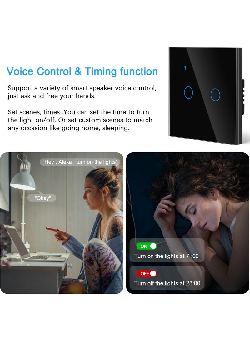 SYOSI Smart Wall Light Switch WiFi Smart Light Switch 2 Gang 1 Way work with Alexa or Google Assistant Glass Panel LED Backlight Waterproof Multi Way Control by Tuya Smart Life App Neutral Wire Need  - Image 2