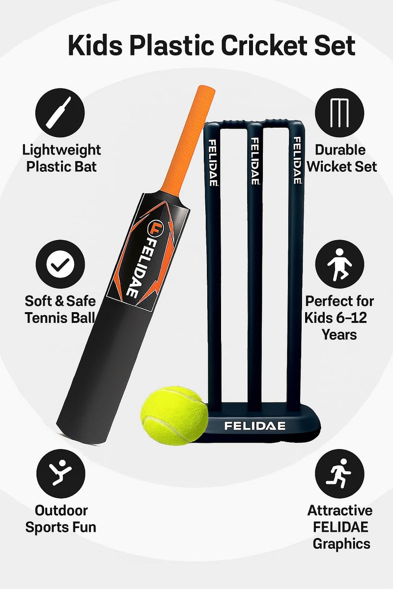FELIDAE (Size – 3) Cricket Bat Set for Boys Age 6-10 | Size 3 Plastic Bat with Ball & Wicket Set | Outdoor Cricket Kit for Children | Lightweight Bat and Ball for Garden, Beach, Backyard Play - Image 2