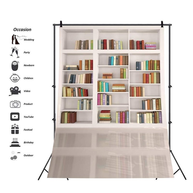AOFOTO 4x6ft Modern School Bookcase Background Library Books Shelves Study Bookrack White Bookshelf Backdrop with Floor for Photography Students Teachers Portrait Photoshoot Vinyl Photo Studio Props - Image 4