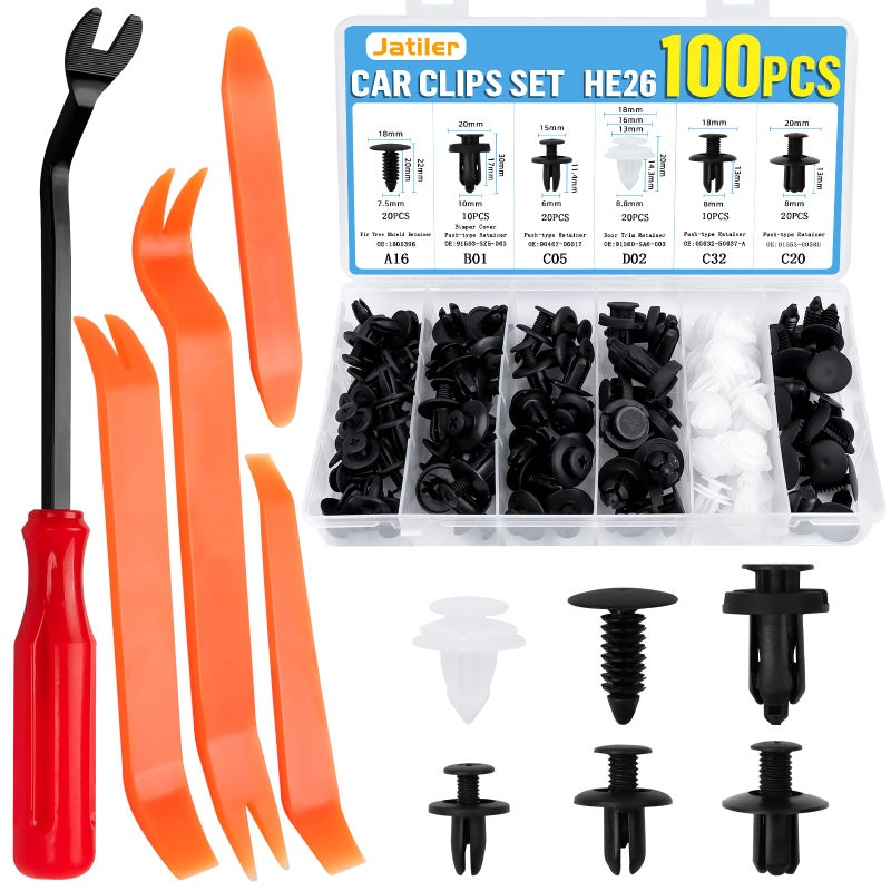 JatilEr 100 Pcs Car Body Trim Clips, 6 Sizes Plastic Rivet Fasteners Universal Auto Black Nylon Clips Bumper Clips Car, Panel Clips Door Trim Retainer Push Type Retainer Clips Kit Fasteners Tools - Image 1