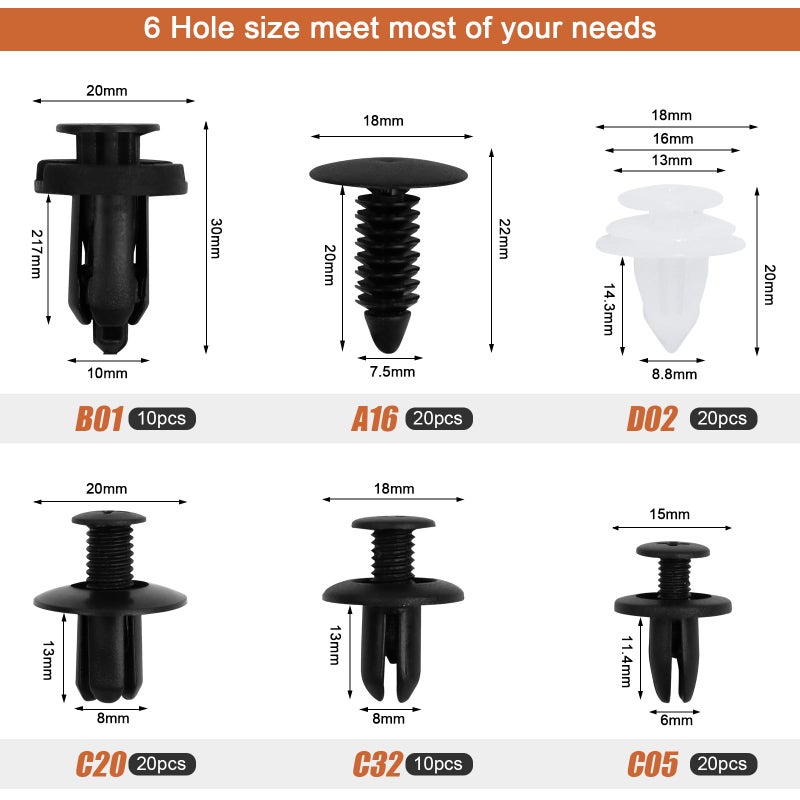 JatilEr 100 Pcs Car Body Trim Clips, 6 Sizes Plastic Rivet Fasteners Universal Auto Black Nylon Clips Bumper Clips Car, Panel Clips Door Trim Retainer Push Type Retainer Clips Kit Fasteners Tools - Image 2