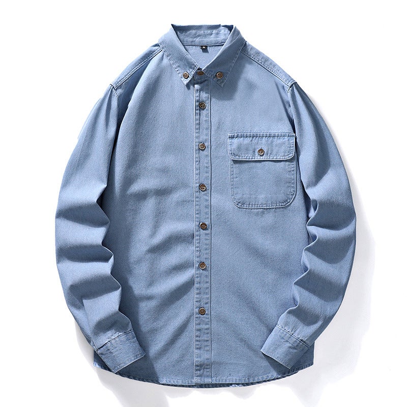 Foreign Trade Spring and Autumn Thin Solid Color Vintage Work Wear Mens Long Sleeve Denim Shirt Simple Washed Mens Shirt Jacket Light Blue - Image 1