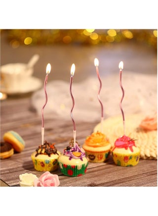 12 شموع عيد ميلاد ملتوية، شموع كعكة حلزونية، شموع معدنية للكب كيك، شموع كعكة طويلة رفيعة مع حوامل (وردي) - view 5