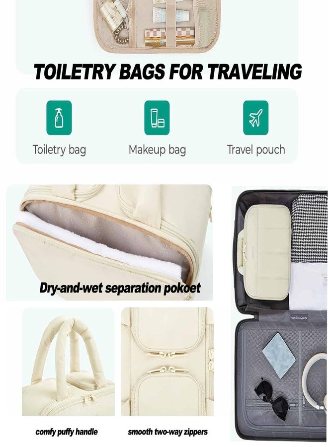 Fullishment Puffy Travel Toiletry Bag for Women,Lightweight Cosmetic Organizer with Wet-Dry Compartments & Handle,Large Makeup Bag for Essentials (Beige) - Image 3