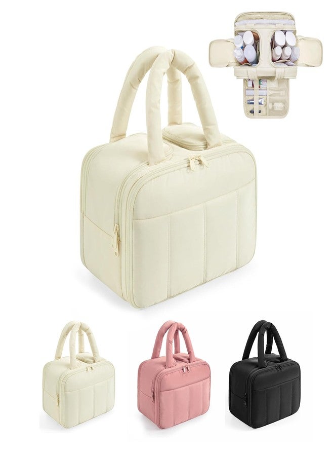 Fullishment Puffy Travel Toiletry Bag for Women,Lightweight Cosmetic Organizer with Wet-Dry Compartments & Handle,Large Makeup Bag for Essentials (Beige) - Image 1