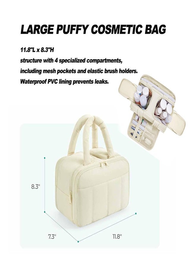 Fullishment Puffy Travel Toiletry Bag for Women,Lightweight Cosmetic Organizer with Wet-Dry Compartments & Handle,Large Makeup Bag for Essentials (Beige) - Image 2