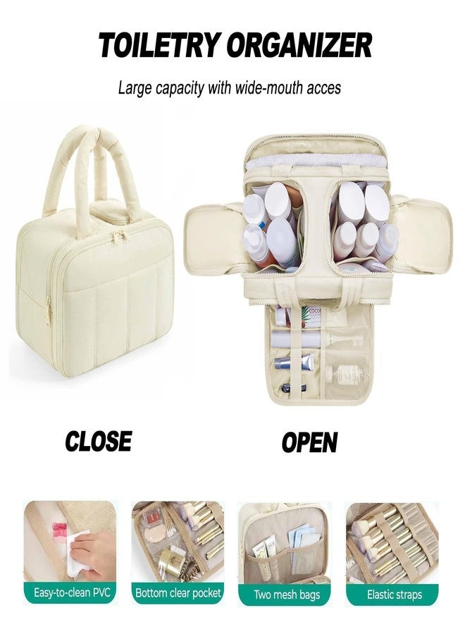 Fullishment Puffy Travel Toiletry Bag for Women,Lightweight Cosmetic Organizer with Wet-Dry Compartments & Handle,Large Makeup Bag for Essentials (Beige) - Image 4