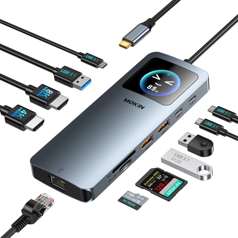 MOKiN LED Docking Station,12 in 1 Laptop Docking Station Dual Monitor 8K@30Hz,USB C Docking Station with 2 HDMI,PD 100W,2500Mbps LAN,5 * 10Gbps USB Ports,SD/TF Card Reader for MacBook/Dell/HP/Lenovo - Image 1
