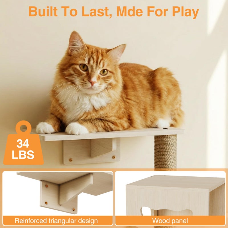 Cakhdry Cat Wall Shelves, Wooden Multi-Level Cat Climbing Furniture, House, Steps, Sisal Scratcher, Perches Bed & Ball, Space-Saving Wall Mounted Cats Shelves for Play & Rest - Image 4