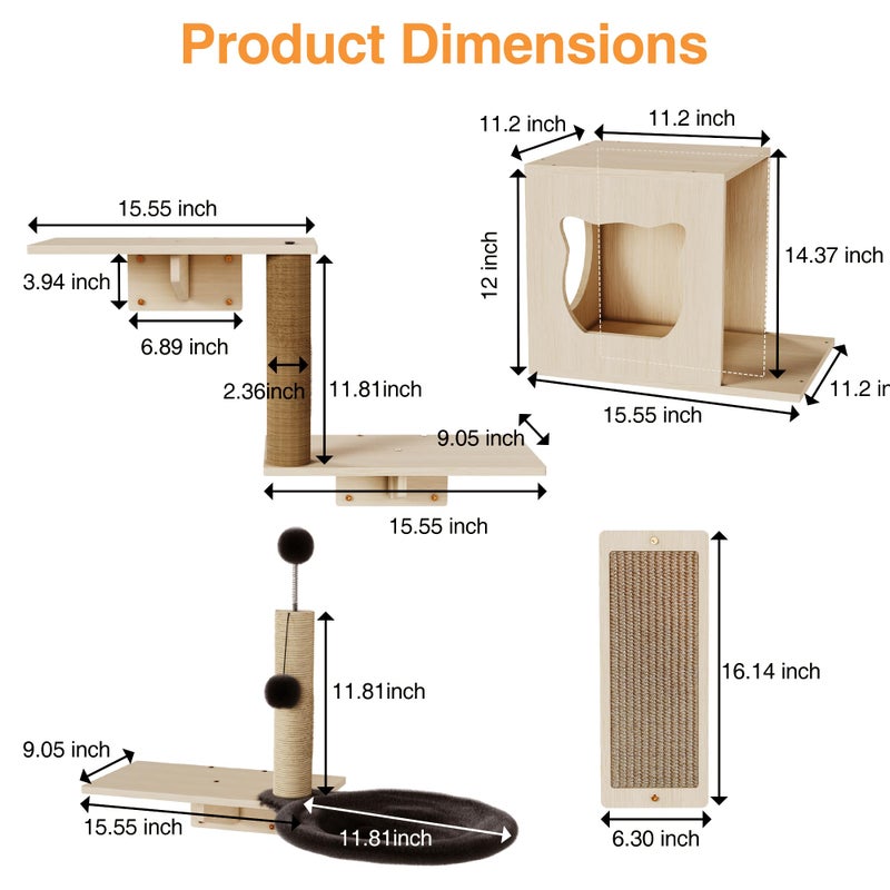 Cakhdry Cat Wall Shelves, Wooden Multi-Level Cat Climbing Furniture, House, Steps, Sisal Scratcher, Perches Bed & Ball, Space-Saving Wall Mounted Cats Shelves for Play & Rest - Image 2