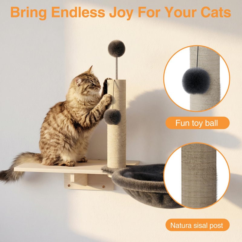 Cakhdry Cat Wall Shelves, Wooden Multi-Level Cat Climbing Furniture, House, Steps, Sisal Scratcher, Perches Bed & Ball, Space-Saving Wall Mounted Cats Shelves for Play & Rest - Image 3