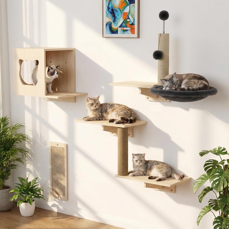 Cakhdry Cat Wall Shelves, Wooden Multi-Level Cat Climbing Furniture, House, Steps, Sisal Scratcher, Perches Bed & Ball, Space-Saving Wall Mounted Cats Shelves for Play & Rest - Image 1