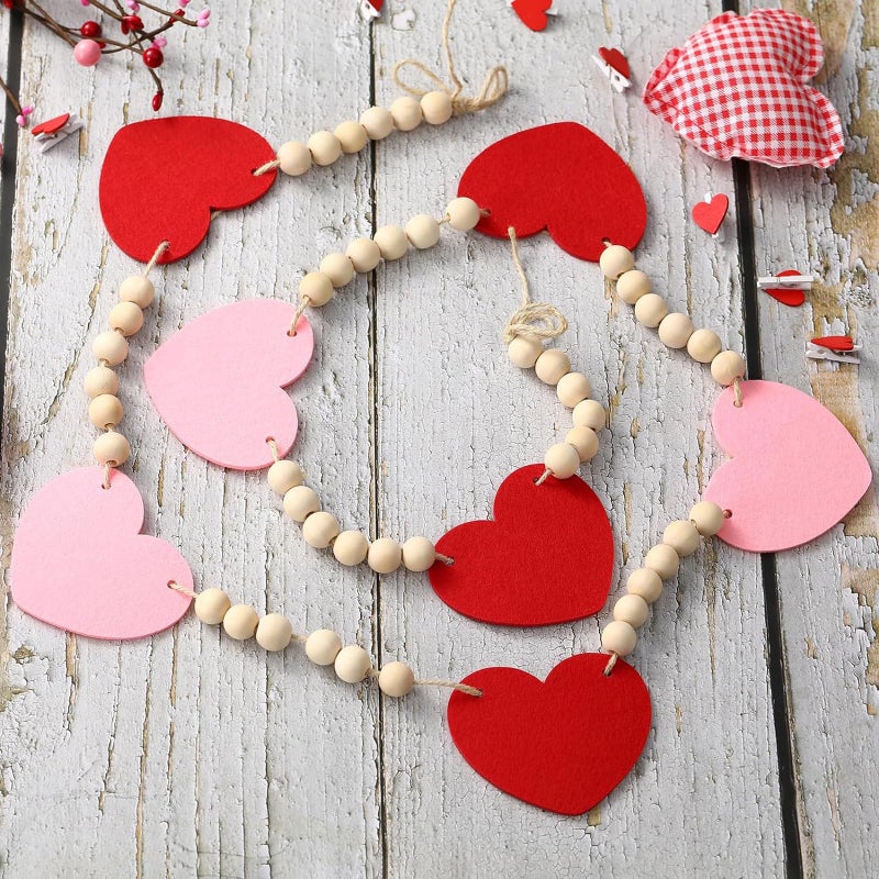 Sfoni Valentines' Day Decor, Red Heart Wooden Bead Garland for Tiered Tray Hanging Banner for Home Farmhouse Office Wall Fireplace Mantel Shelf Proposal Wedding Party Decor, 50 Inch - Image 3