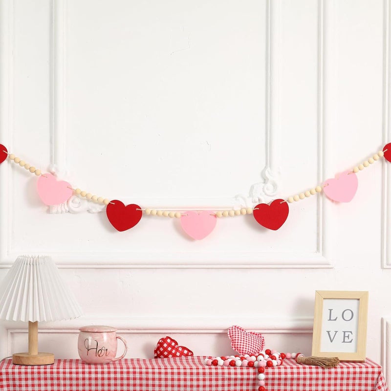 Sfoni Valentines' Day Decor, Red Heart Wooden Bead Garland for Tiered Tray Hanging Banner for Home Farmhouse Office Wall Fireplace Mantel Shelf Proposal Wedding Party Decor, 50 Inch - Image 5
