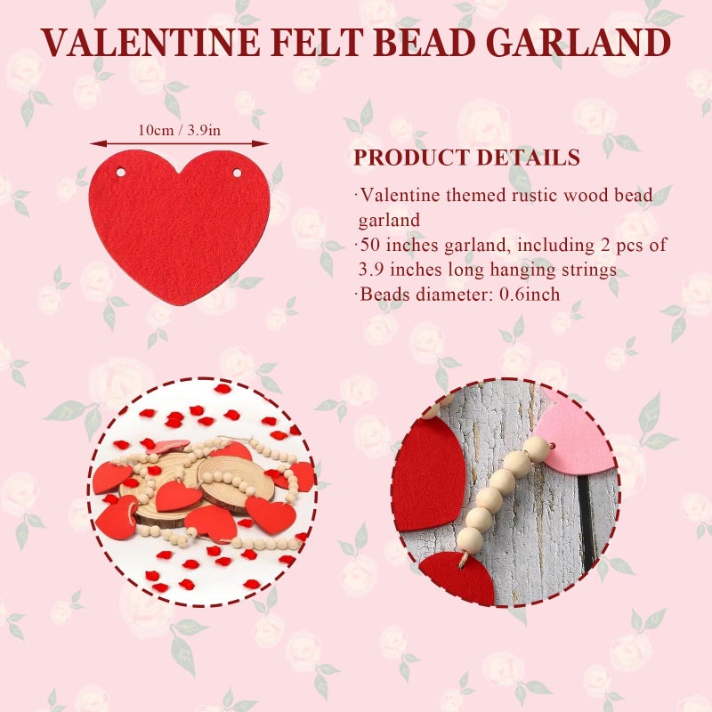 Sfoni Valentines' Day Decor, Red Heart Wooden Bead Garland for Tiered Tray Hanging Banner for Home Farmhouse Office Wall Fireplace Mantel Shelf Proposal Wedding Party Decor, 50 Inch - Image 2