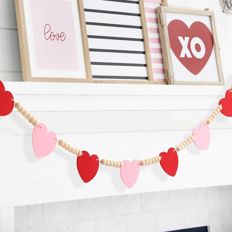 Sfoni Valentines' Day Decor, Red Heart Wooden Bead Garland for Tiered Tray Hanging Banner for Home Farmhouse Office Wall Fireplace Mantel Shelf Proposal Wedding Party Decor, 50 Inch - Image 4