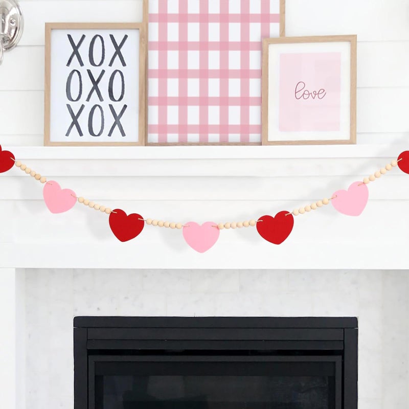 Sfoni Valentines' Day Decor, Red Heart Wooden Bead Garland for Tiered Tray Hanging Banner for Home Farmhouse Office Wall Fireplace Mantel Shelf Proposal Wedding Party Decor, 50 Inch - Image 1