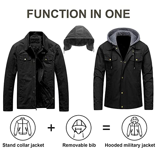 Pursky Men's Winter Warm Fleece Lined Jacket Thicken Washed Cotton Military Coat With Detachable Hood Black(thick) 2XL - Image 2