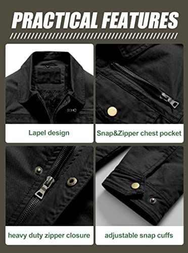 Pursky Men's Winter Warm Fleece Lined Jacket Thicken Washed Cotton Military Coat With Detachable Hood Black(thick) 2XL - Image 5
