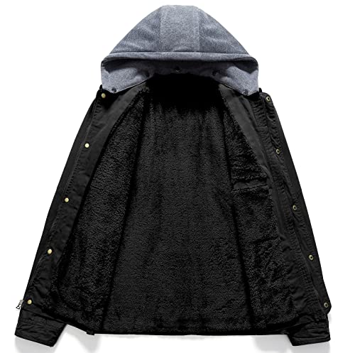 Pursky Men's Winter Warm Fleece Lined Jacket Thicken Washed Cotton Military Coat With Detachable Hood Black(thick) 2XL - Image 4