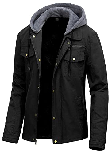 Pursky Men's Winter Warm Fleece Lined Jacket Thicken Washed Cotton Military Coat With Detachable Hood Black(thick) 2XL - Image 1