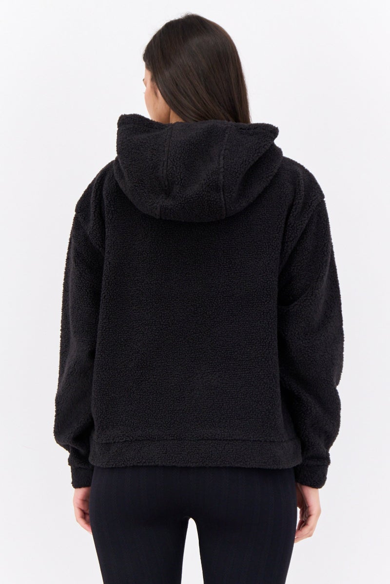 Hype سويت شيرت نسائي بغطاء رأس من فليس محكم الأنسجة بأكمام طويلة، أسود - Image 4