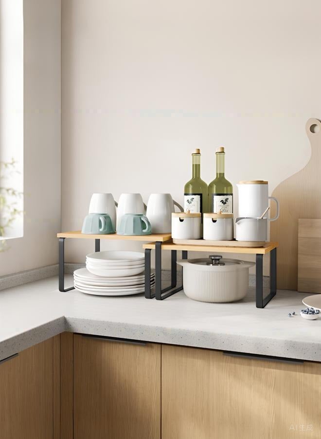 دوغي رف منظم للخزانة، مجموعة من 2 رفوف للمطبخ، تخزين المطبخ، رف توابل، قابل للتركيب والتوسيع، مصنوع من المعدن والخشب الهندسي - Image 2