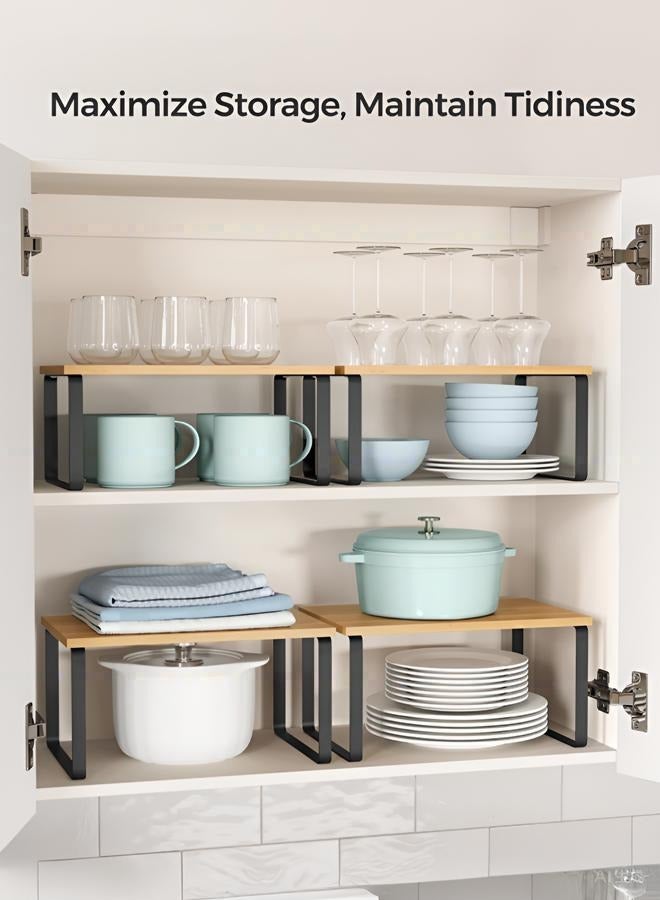 دوغي رف منظم للخزانة، مجموعة من 2 رفوف للمطبخ، تخزين المطبخ، رف توابل، قابل للتركيب والتوسيع، مصنوع من المعدن والخشب الهندسي - Image 3