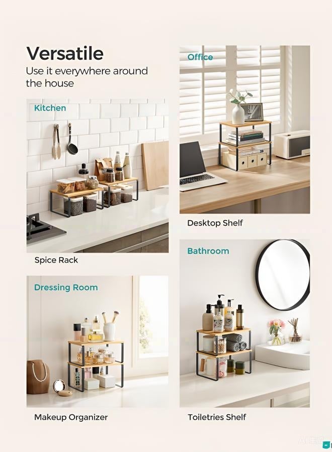 دوغي رف منظم للخزانة، مجموعة من 2 رفوف للمطبخ، تخزين المطبخ، رف توابل، قابل للتركيب والتوسيع، مصنوع من المعدن والخشب الهندسي - Image 5