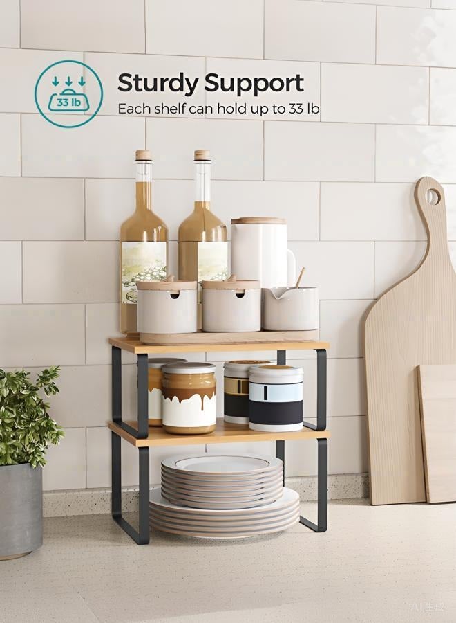 دوغي رف منظم للخزانة، مجموعة من 2 رفوف للمطبخ، تخزين المطبخ، رف توابل، قابل للتركيب والتوسيع، مصنوع من المعدن والخشب الهندسي - Image 4