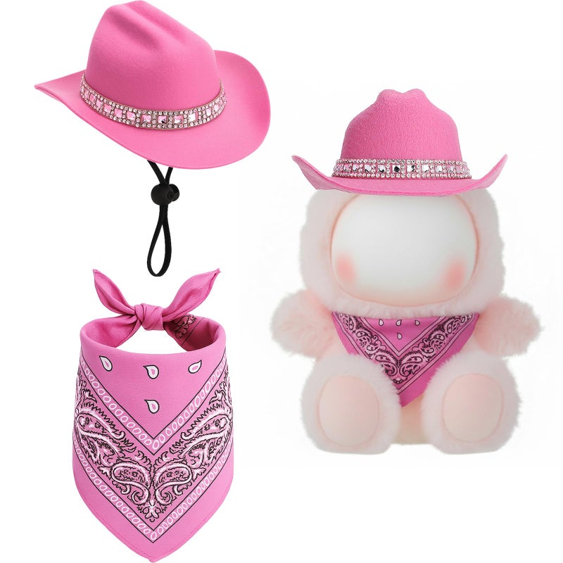 Simgoing 2 Pcs 17cm Doll Cowboy Costume DiamondStudded Cowboy Hat and Scarf for 17cm Mini Toy Western Accessories for Decoration and Display Doll Not IncludePink - Image 3
