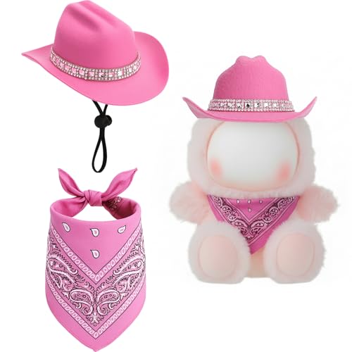 Simgoing 2 Pcs 17cm Doll Cowboy Costume DiamondStudded Cowboy Hat and Scarf for 17cm Mini Toy Western Accessories for Decoration and Display Doll Not IncludePink - Image 1