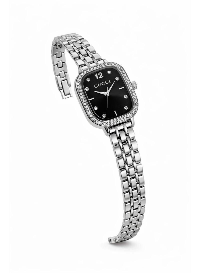 Gucci Women’s Analog Quartz Watch – Silver Stainless Steel with Black Dial & Crystal Bezel